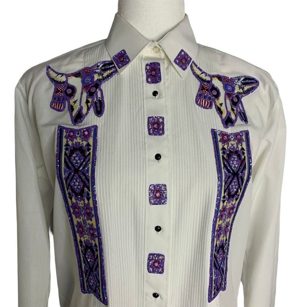 Vintage Hand Painted Western Tuxedo Shirt S White Applique Glitter Buttons Skull